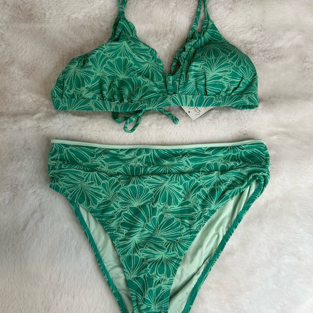 CUPSHE Bikini Set for Women High Waisted Teal Scalloped V Neck Size Large 29